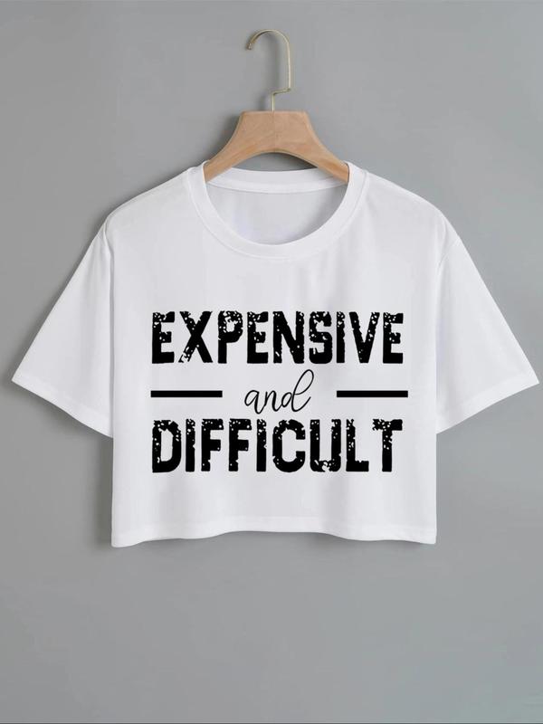 Women's Letter Print Drop Shoulder Crop Tee, Casual Short Sleeve Round Neck T-shirt for Daily Wear,  T Shirts for Women, Graphic Tees, Streetwear Tops for All Seasons